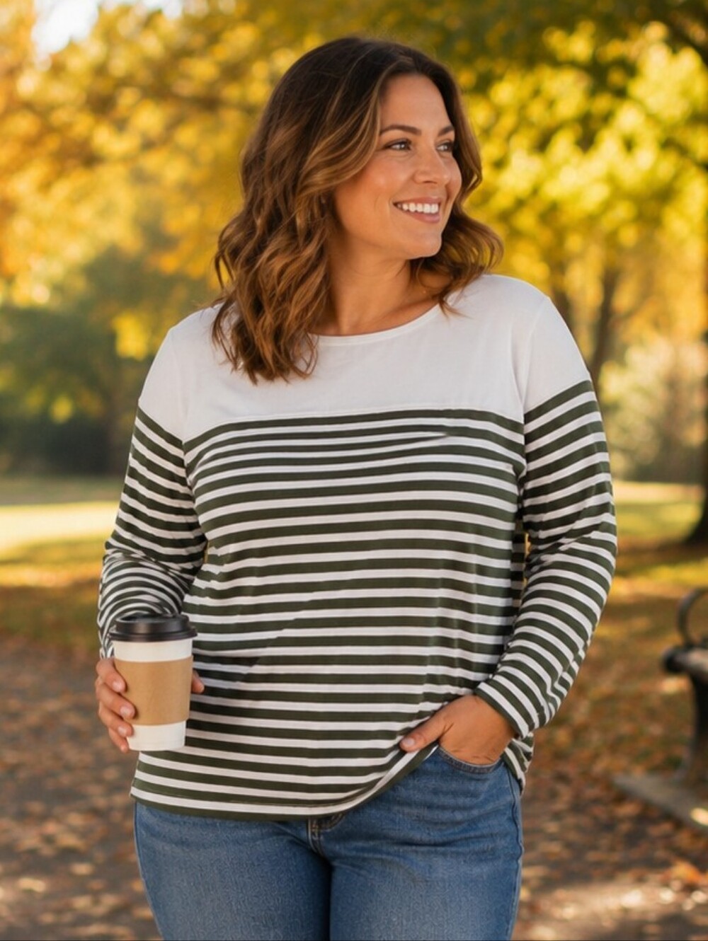 Allegra K Green and White Striped Long Sleeve T Shirt. NWT